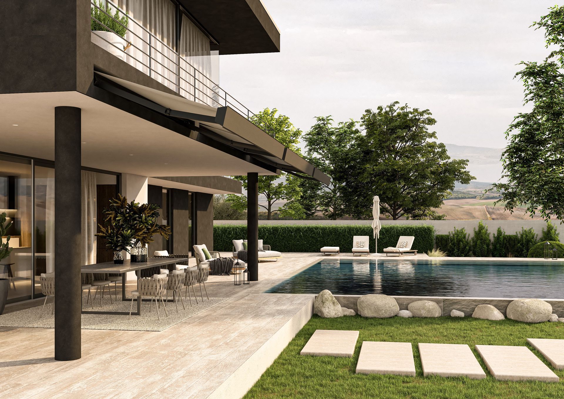 Una casa moderna a due piani con patio, zona pranzo all'aperto e piscina con vista su un paesaggio erboso.