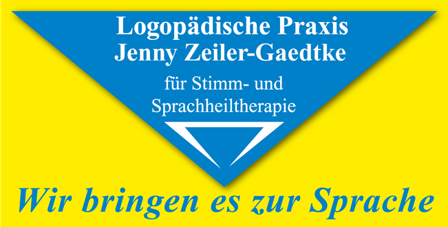Blue-and-white logo for Logopädische Praxis Jenny Zeiler-Gaedtke with slogan “Wir bringen es zur Sprache” on yellow