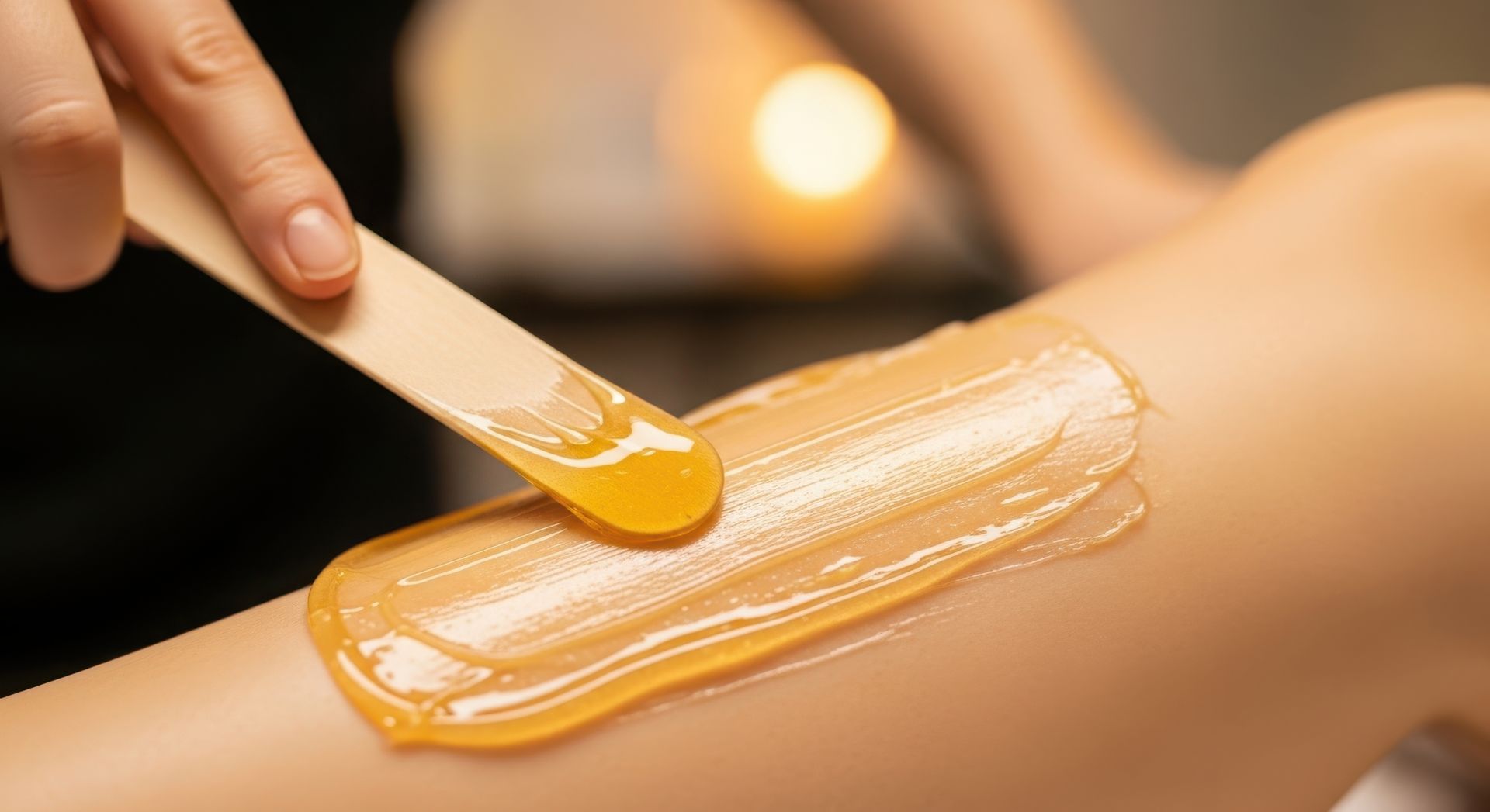 Application de cire sur une jambe à l’aide d’une spatule en bois, en gros plan lors d’un soin en spa.