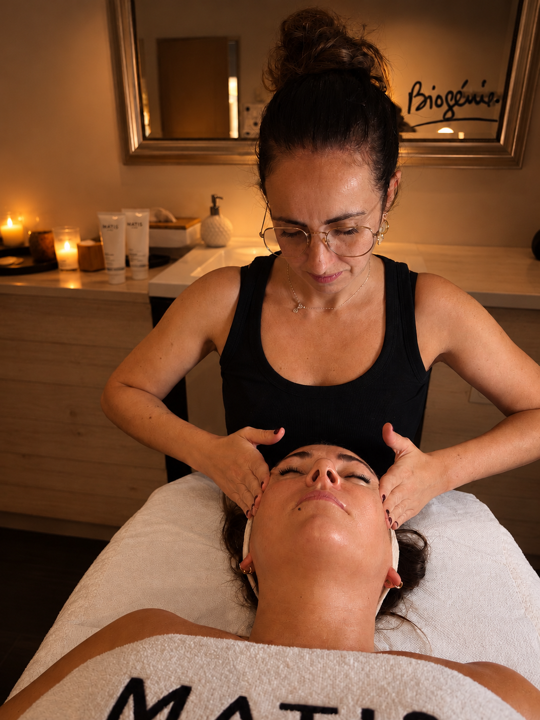 Un massothérapeute prodiguant un massage du visage dans une salle de spa à l’éclairage tamisé.