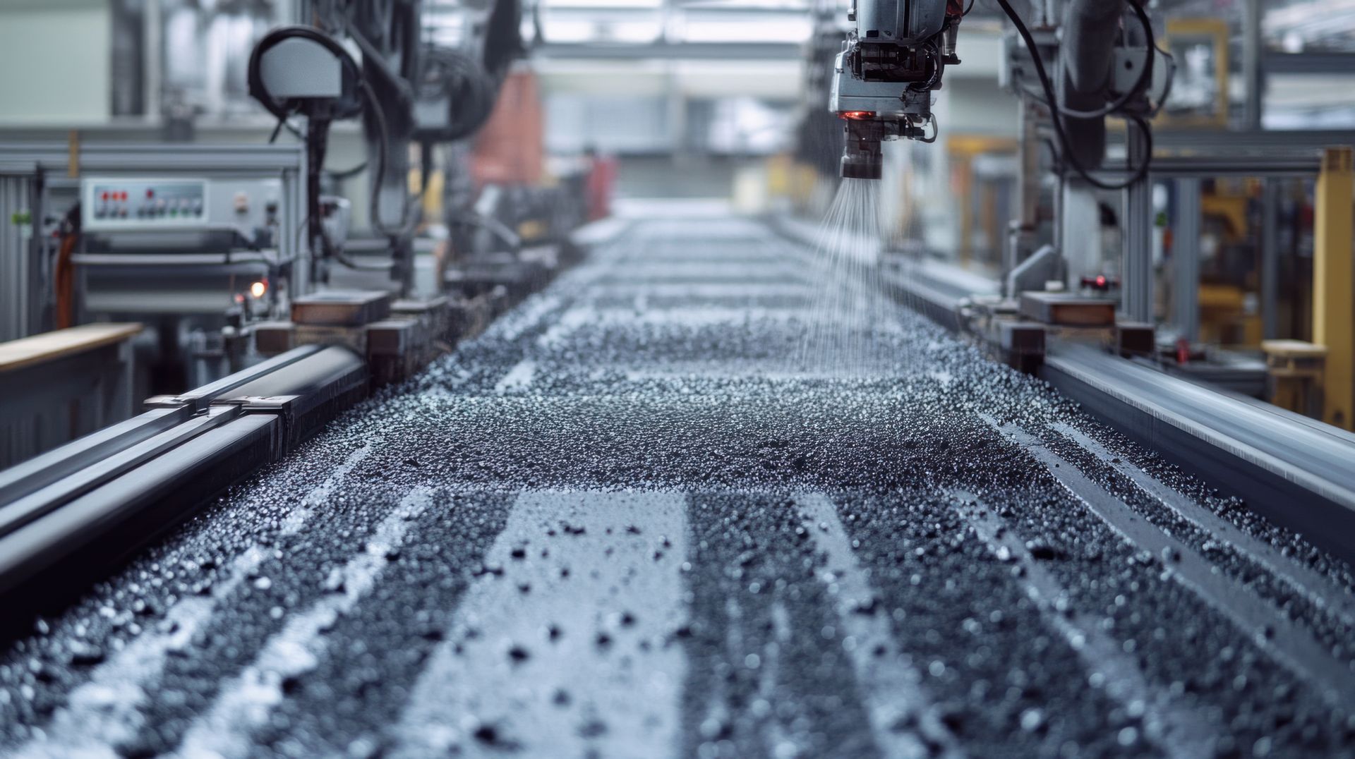 Roboterarme besprühen ein Förderband in einer Fabrik mit Material.