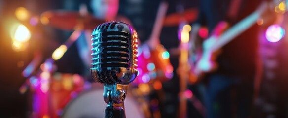 Gros plan d'un microphone rétro argenté sur un support devant un groupe flou jouant sur scène.