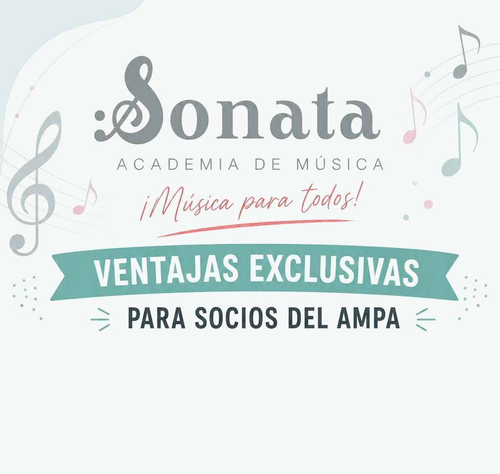 Logo de Sonata Academia de Música con texto “Ventajas exclusivas para socios del AMPA” en tonos pastel.