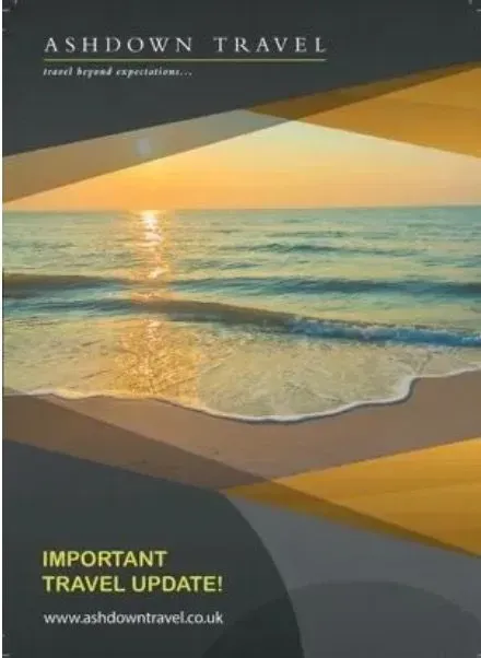 Ashdown Travel brochure with sunset beach photo and 