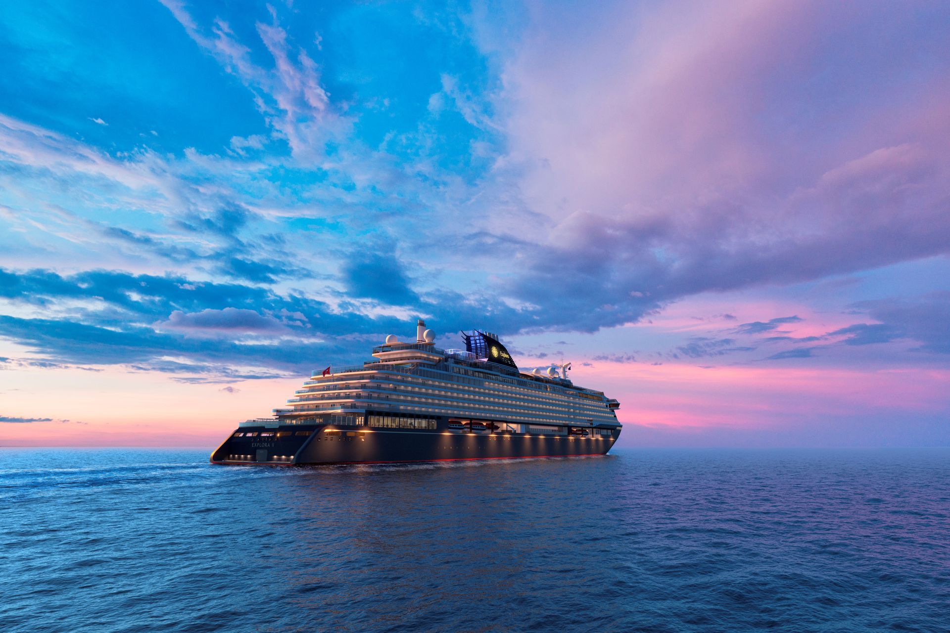 Large cruise ship sailing on a calm ocean at sunset. Sky with pink, blue, and purple hues.