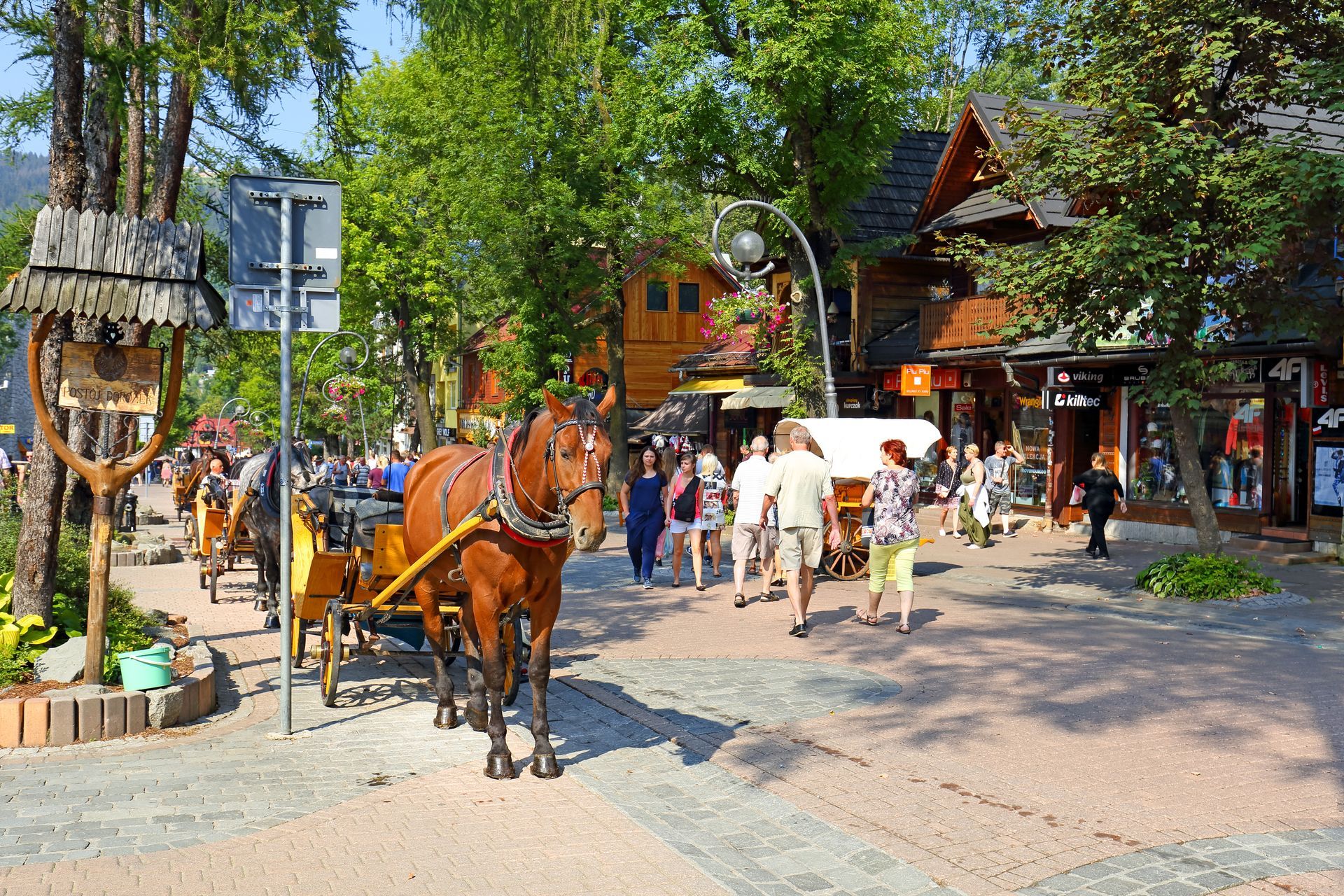 Horse-drawn carriage on cobblestone street, people walking near wooden shops and trees in a sunny town square.