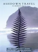 Ashdown Travel Summer 2014 cover: Fern silhouetted against a seascape with a misty, purple hue. Travel brochure.