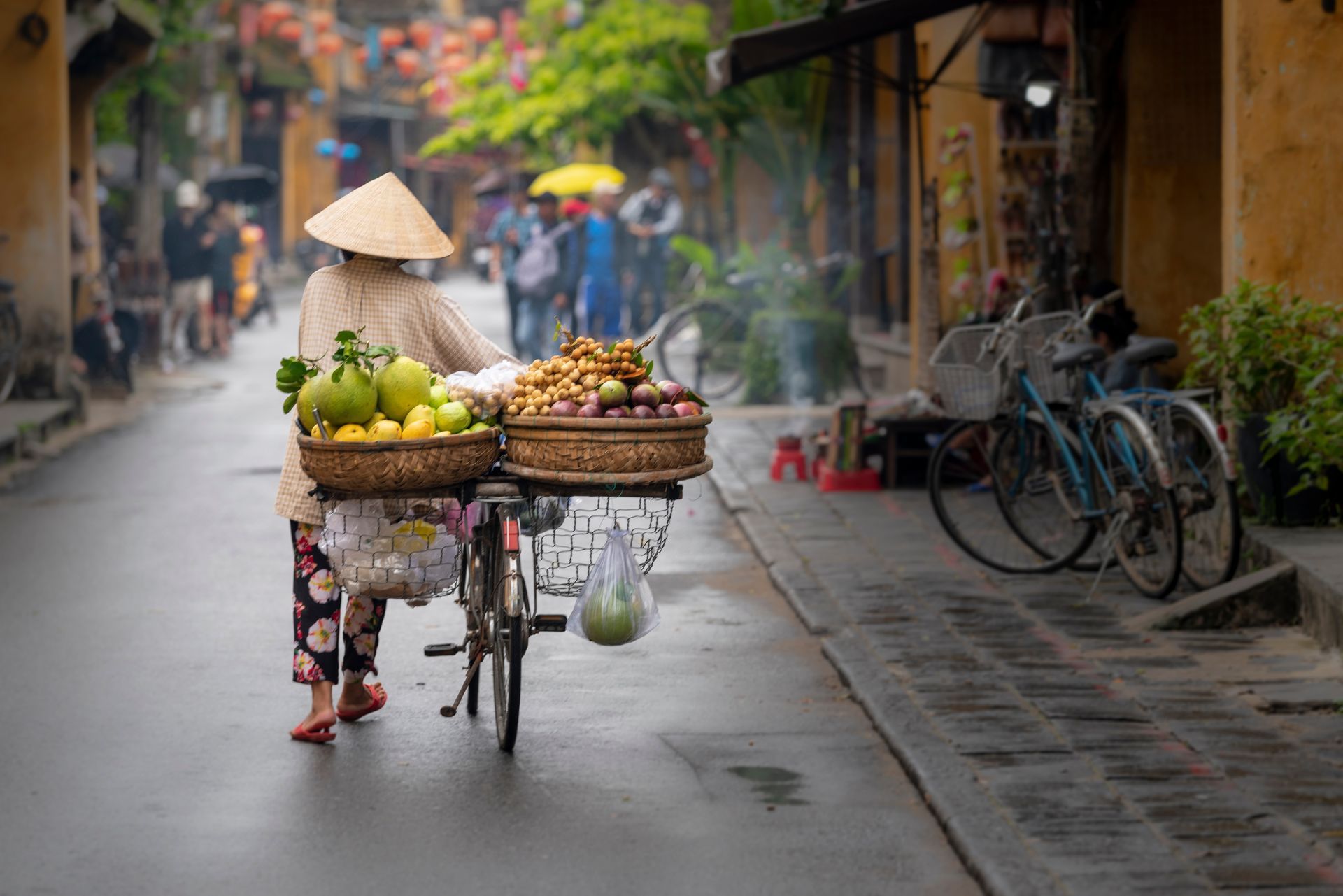 Woman with conical hat pushing a bicycle cart of fruit along a wet street in Hoi An, Vietnam.