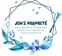 Logo : « Jen's Propreté ». Services de nettoyage, couronne de fleurs bleues et cadre géométrique.