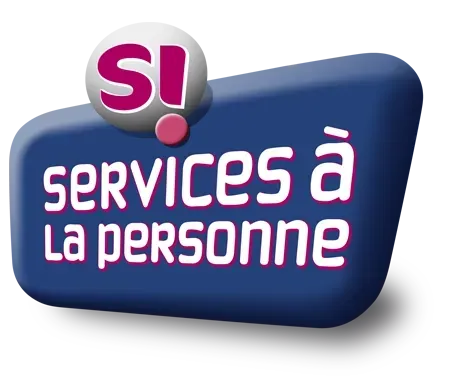 Logo pour « services à la personne » en texte blanc sur un rectangle arrondi bleu, avec une sphère rose « SI! ».