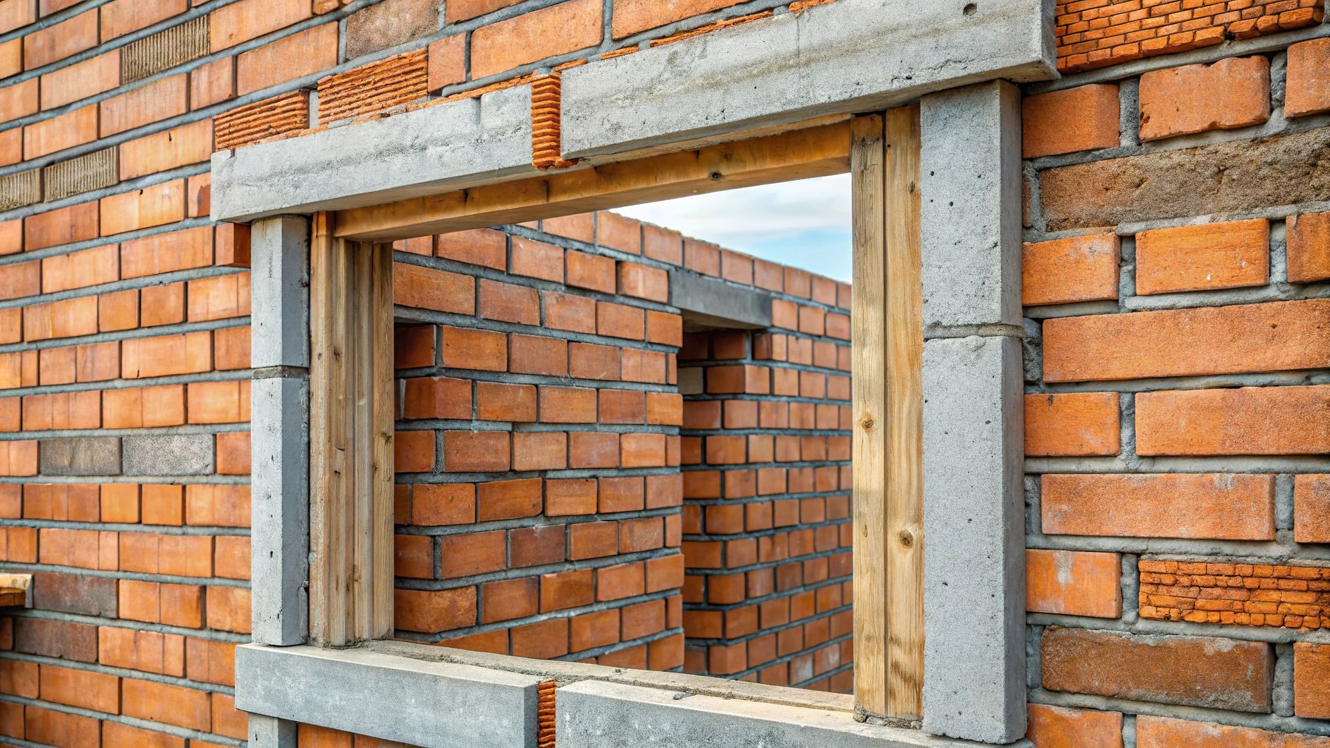 Mur en briques avec une ouverture de fenêtre rectangulaire encadrée de béton brut et de supports en bois sur un chantier de construction.