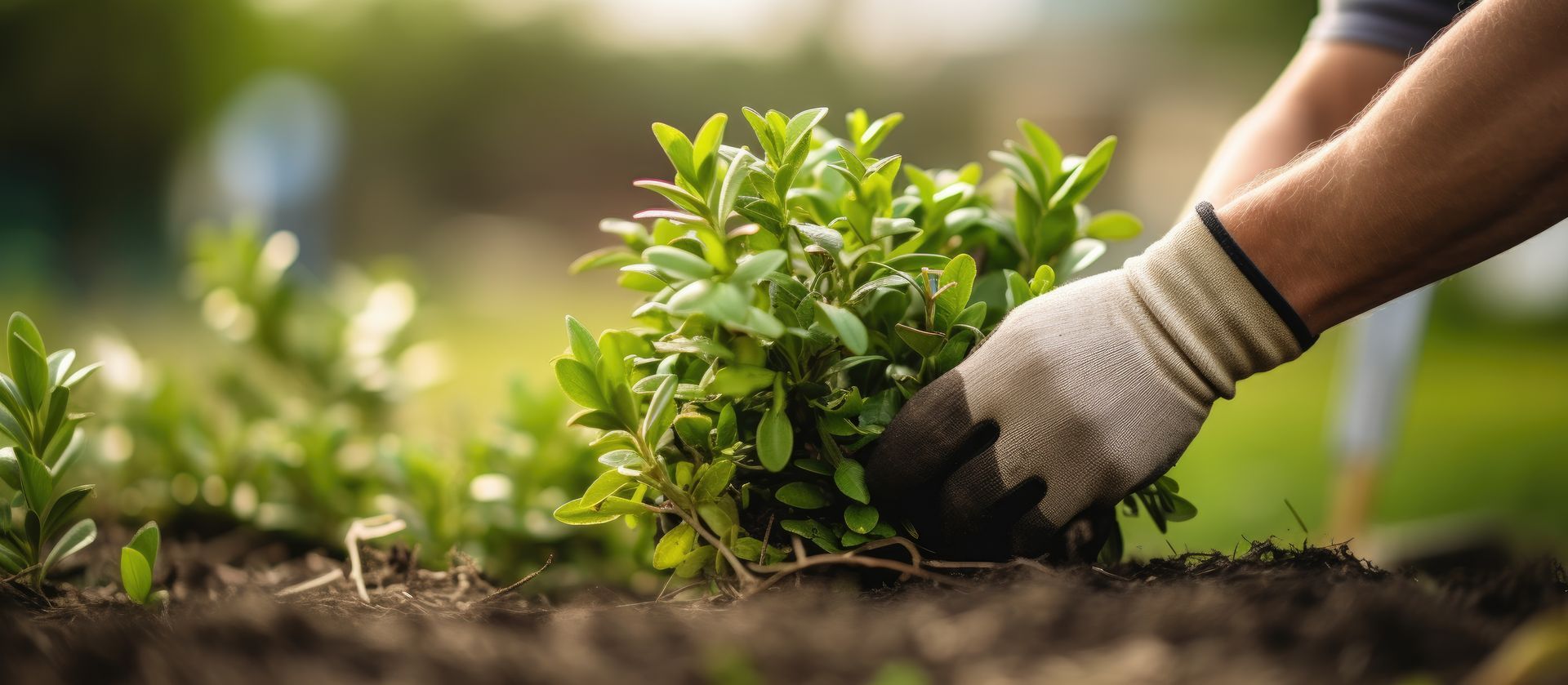 Des mains gantées plantent un jeune arbre vert dans de la terre sombre à l'extérieur.