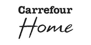 Un logotipo en blanco y negro para Carrefour Home sobre un fondo blanco.