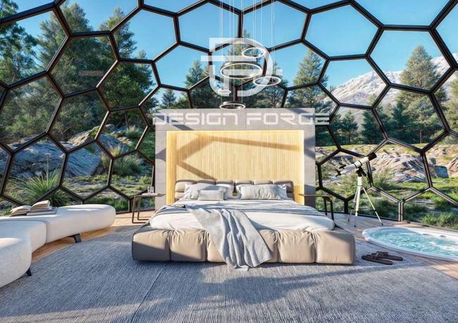 Un dormitorio en forma de cúpula con una cama y un jacuzzi.
