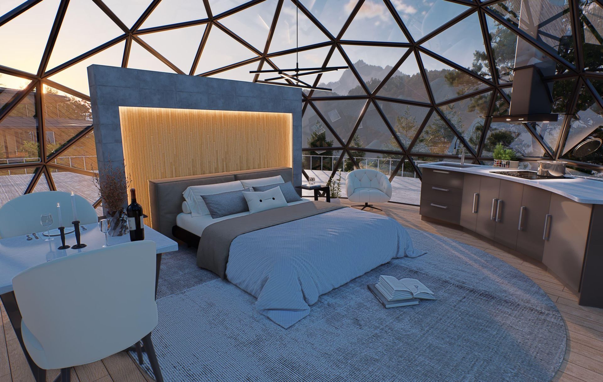 Un dormitorio en forma de cúpula con una cama grande y una cocina.