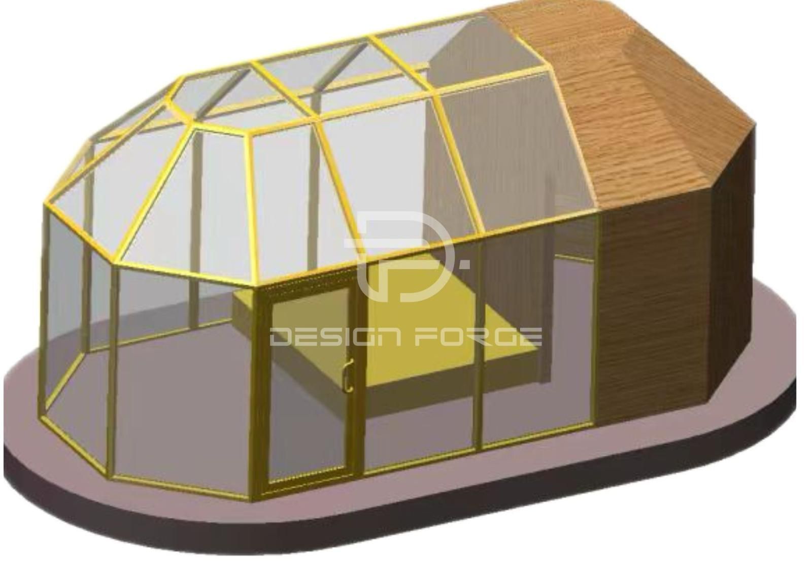 Un modelo 3D de un invernadero con la palabra fuerza de diseño en la parte inferior.
