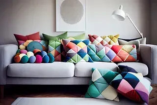 Sofá blanco con almohadones geométricos coloridos; arte de pared y lámpara de fondo.