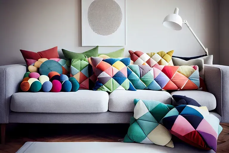 Un sofá con coloridos cojines de patchwork y una lámpara blanca en una sala de estar moderna.