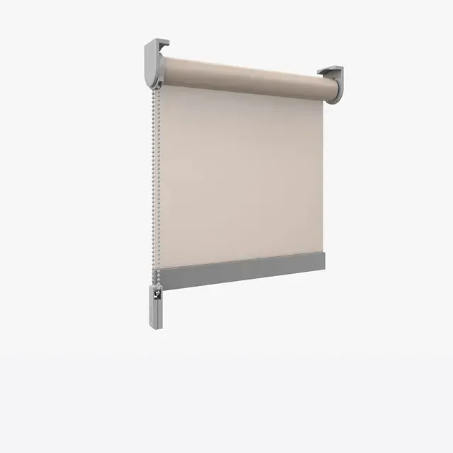 Estor enrollable de color beige, colgado de un marco de color gris claro.