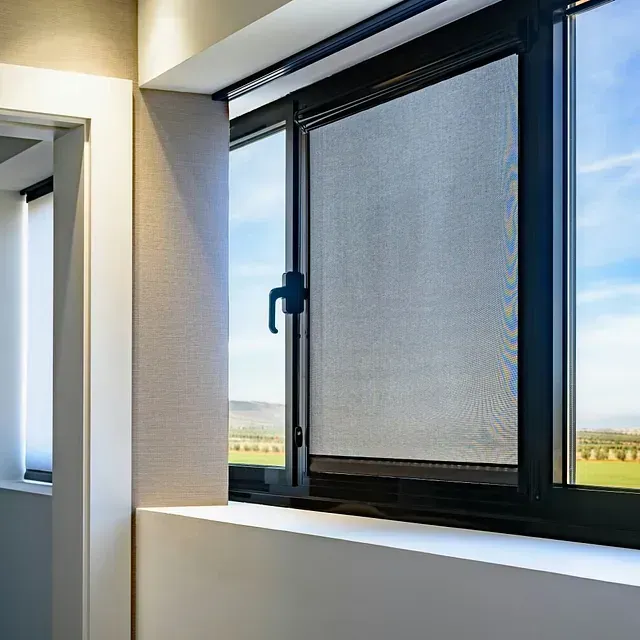 Ventana con marco negro y mosquitera con vistas a un paisaje. Se ve un tirador verde oscuro.