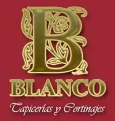 Logotipo para Blanco Tapicerías y Cortinajes, que presenta una "B" ornamentada de color dorado sobre un fondo rojo oscuro.