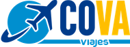 Logotipo de COVA Viajes, agencia de viajes. Avi&oacute;n azul sobre un globo terr&aacute;queo azul.