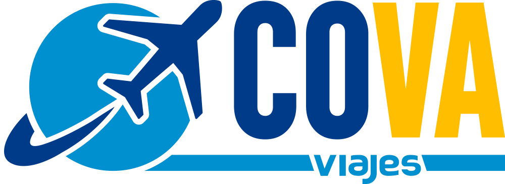 Logotipo de COVA Viajes, agencia de viajes. Avión azul sobre un globo terráqueo azul.