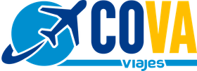Logotipo de COVA Viajes, agencia de viajes. Avi&oacute;n azul sobre un globo terr&aacute;queo azul.