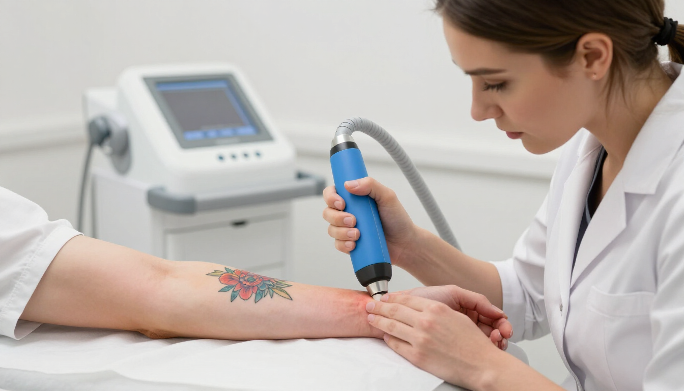 Médico utilizando un dispositivo láser portátil en el antebrazo de un paciente en una sala de tratamiento médico.