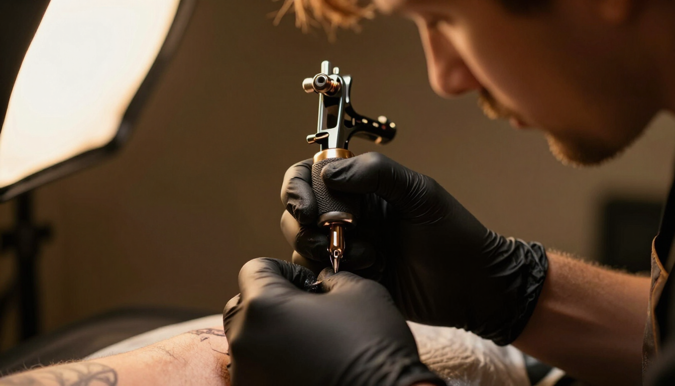Tatuador con guantes negros trabajando con una máquina de tatuar en el brazo de un cliente, primer plano bajo luz cálida.