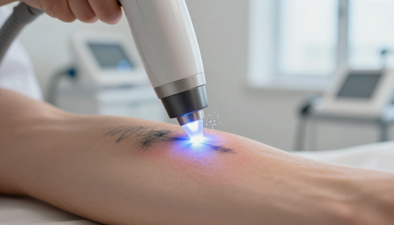 Dispositivo de tratamiento láser en el antebrazo de una persona, que emite luz azul en un entorno clínico.