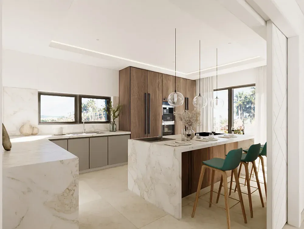 Cocina moderna con isla de mármol, gabinetes de madera y taburetes de bar color verde azulado.