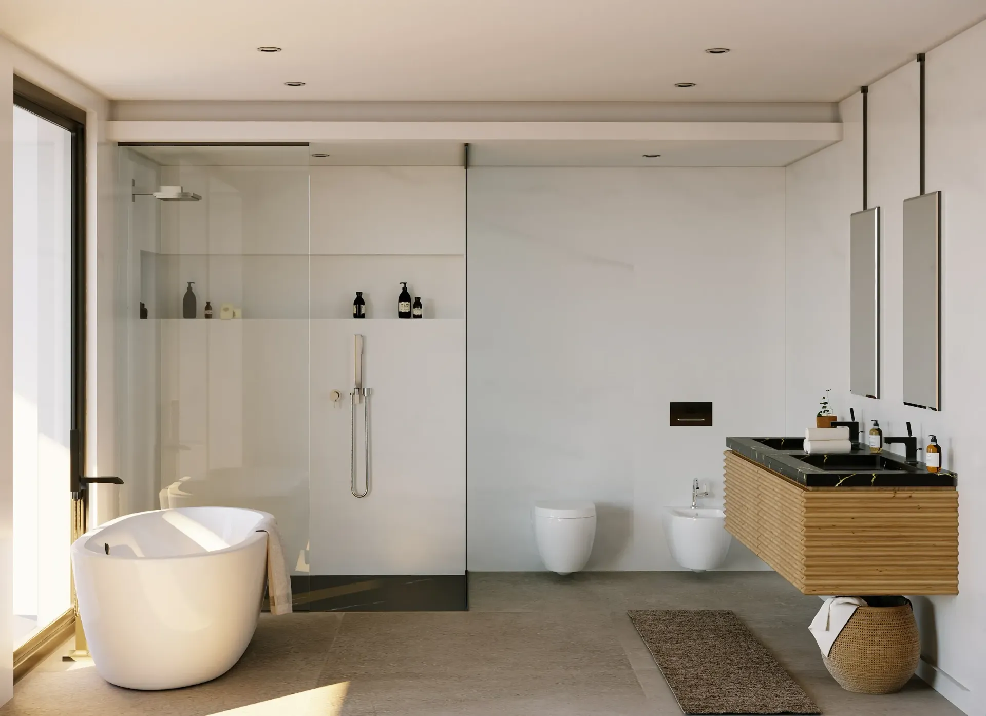 Baño moderno con bañera, ducha, inodoro, tocador y espejos. Amplio y luminoso, con luz natural.