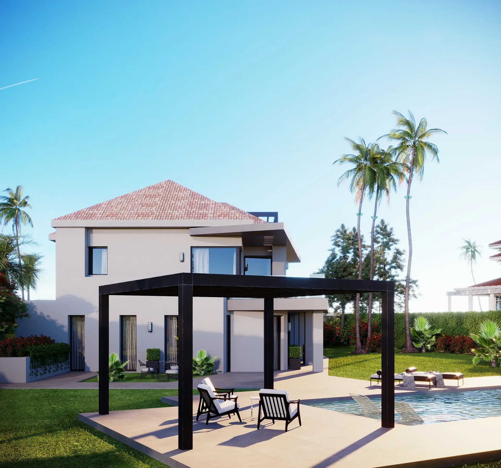 Casa de dos pisos con piscina, pérgola, palmeras y cielo azul claro.