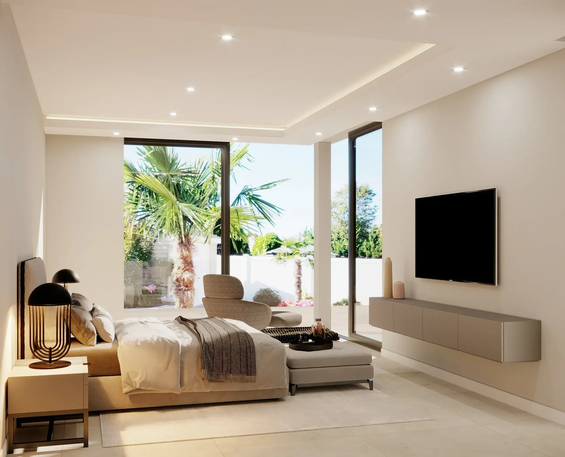 Dormitorio moderno con amplios ventanales que dan a un patio. Tonos neutros, televisor flotante y cama.