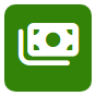 Ícono de billetera, blanco con dinero adentro, sobre un cuadrado verde.