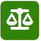 Icono de balanza de la justicia, blanco sobre fondo verde.