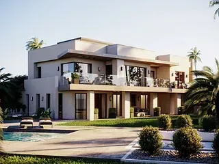 Lujosa casa de dos plantas con piscina, palmeras y un soleado jardín. Exterior beige y balcones de cristal.