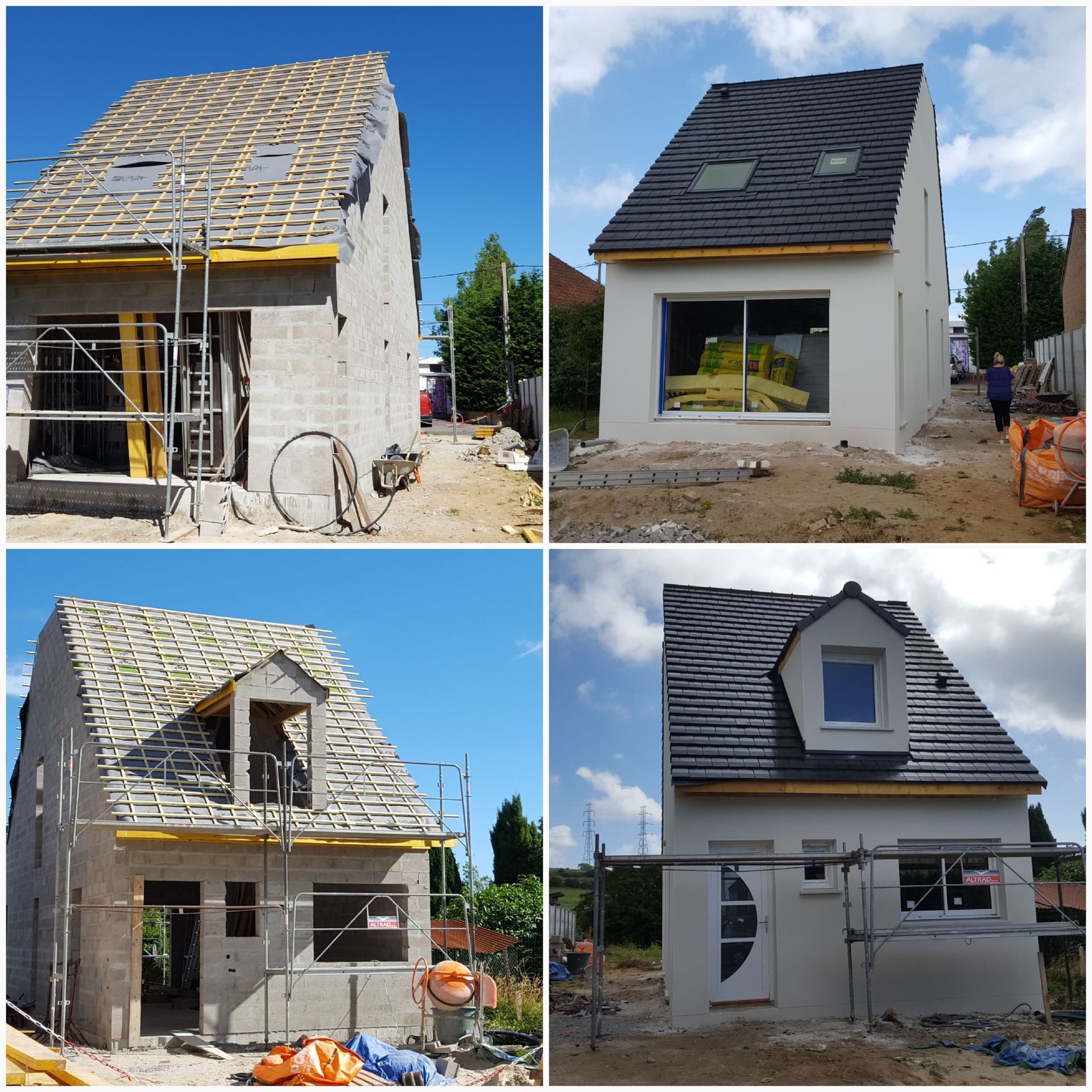 Quatre photos des étapes de construction de maison