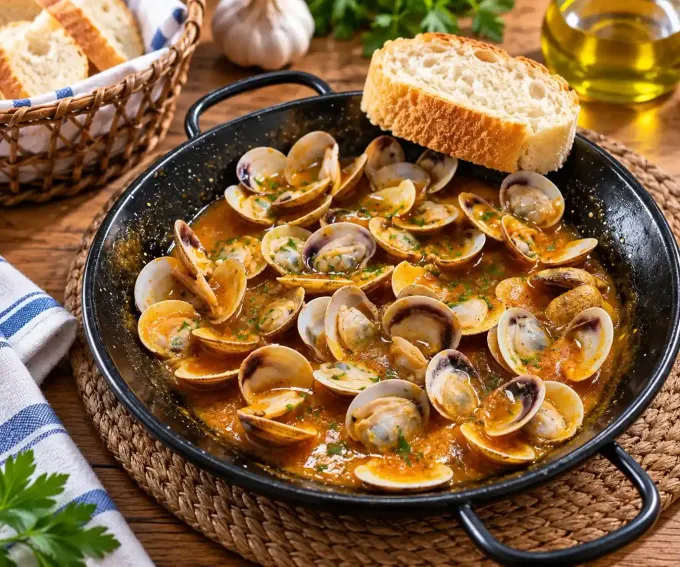 Pasta con almejas en salsa de tomate en una sartén negra con pan, ajo y aceite de oliva sobre una mesa de madera.