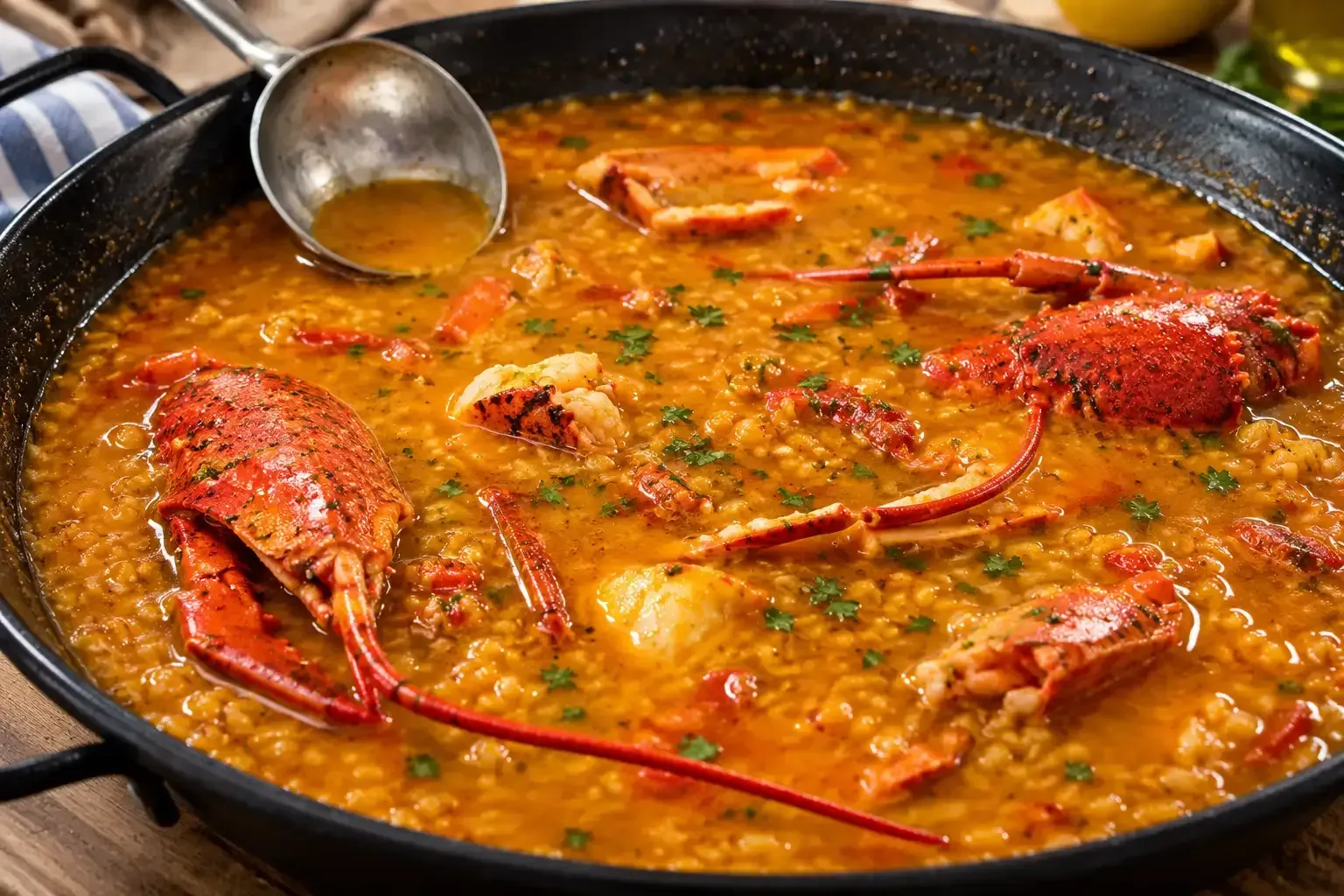 Paella de marisco en una sartén negra con gambas rojas y una cuchara para servir.