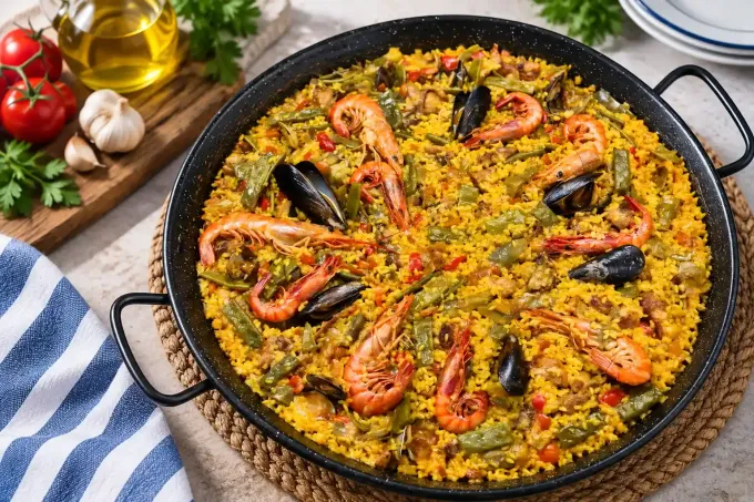 Paella de marisco con gambas y mejillones en una sartén negra, servida en una mesa rústica con limón y aceite de oliva.