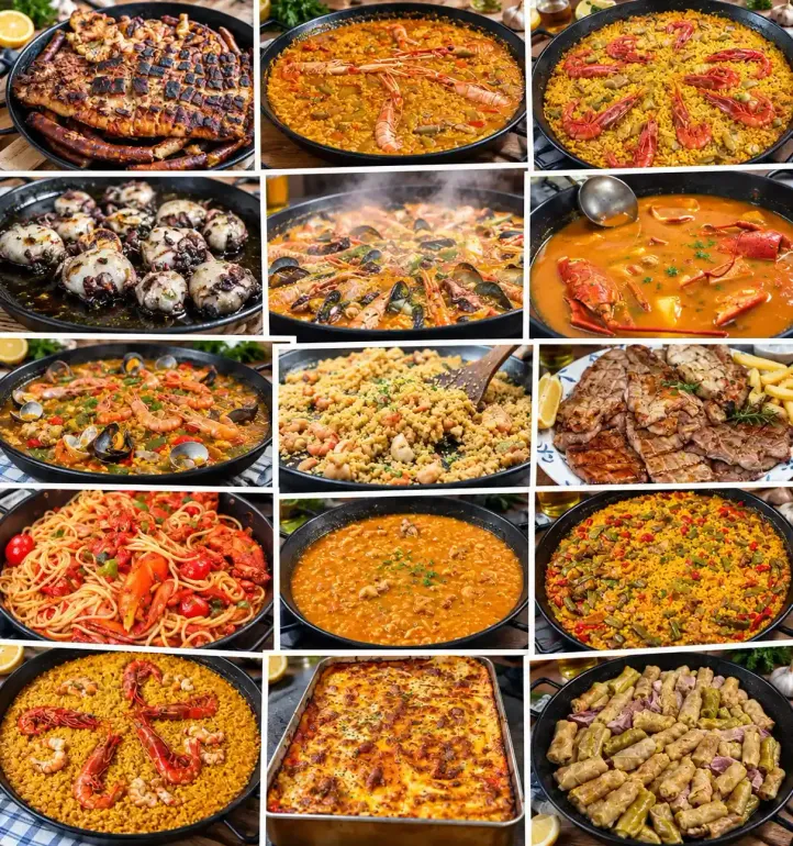 Collage de coloridos platos cocinados en sartenes y cuencos, que incluyen guisos, arroz, mariscos y carnes a la parrilla.