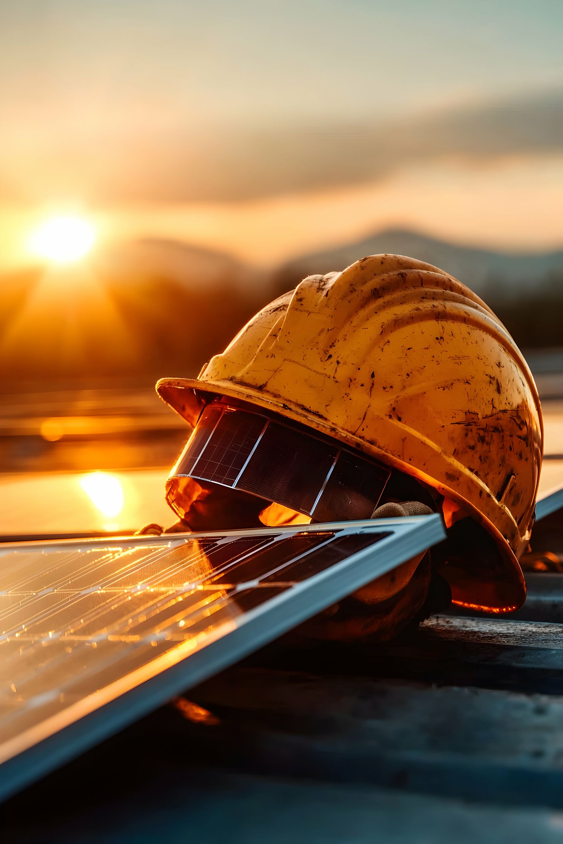 Un casque de chantier posé à côté d'un panneau solaire