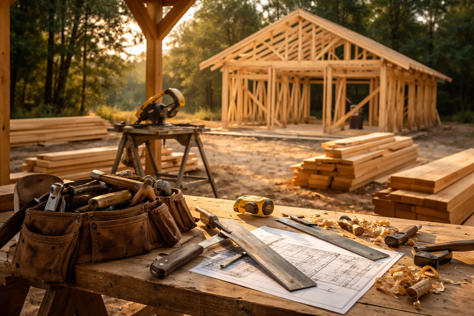 Chantier de construction avec maison à ossature bois, outils sur table et bois de construction.