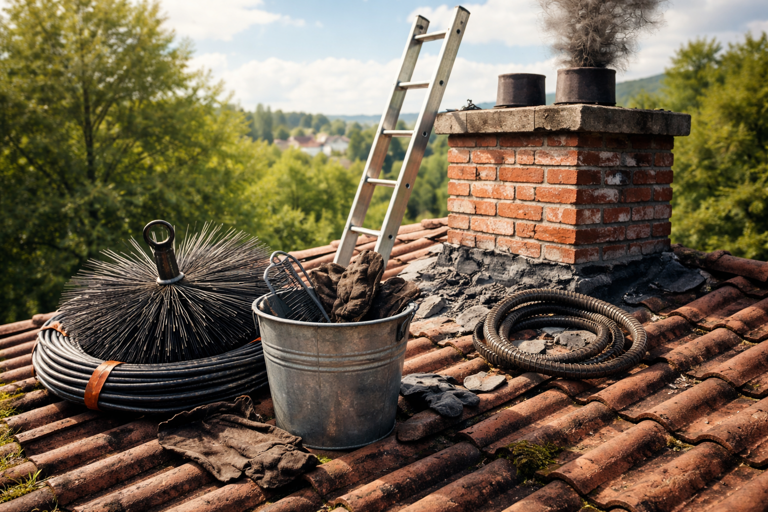 Nettoyage de la cheminée sur le toit, à l'aide d'une échelle, de brosses et d'un seau.