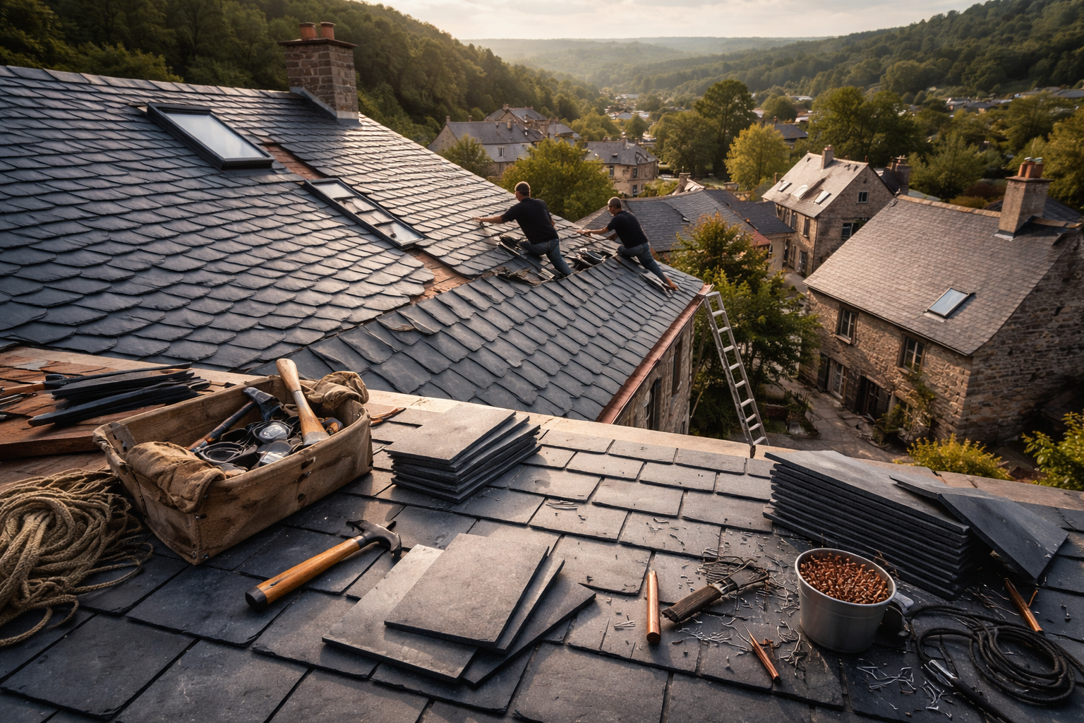 Couvreurs sur un toit d'ardoise, outils et matériaux au premier plan, ville et collines à l'arrière-plan.