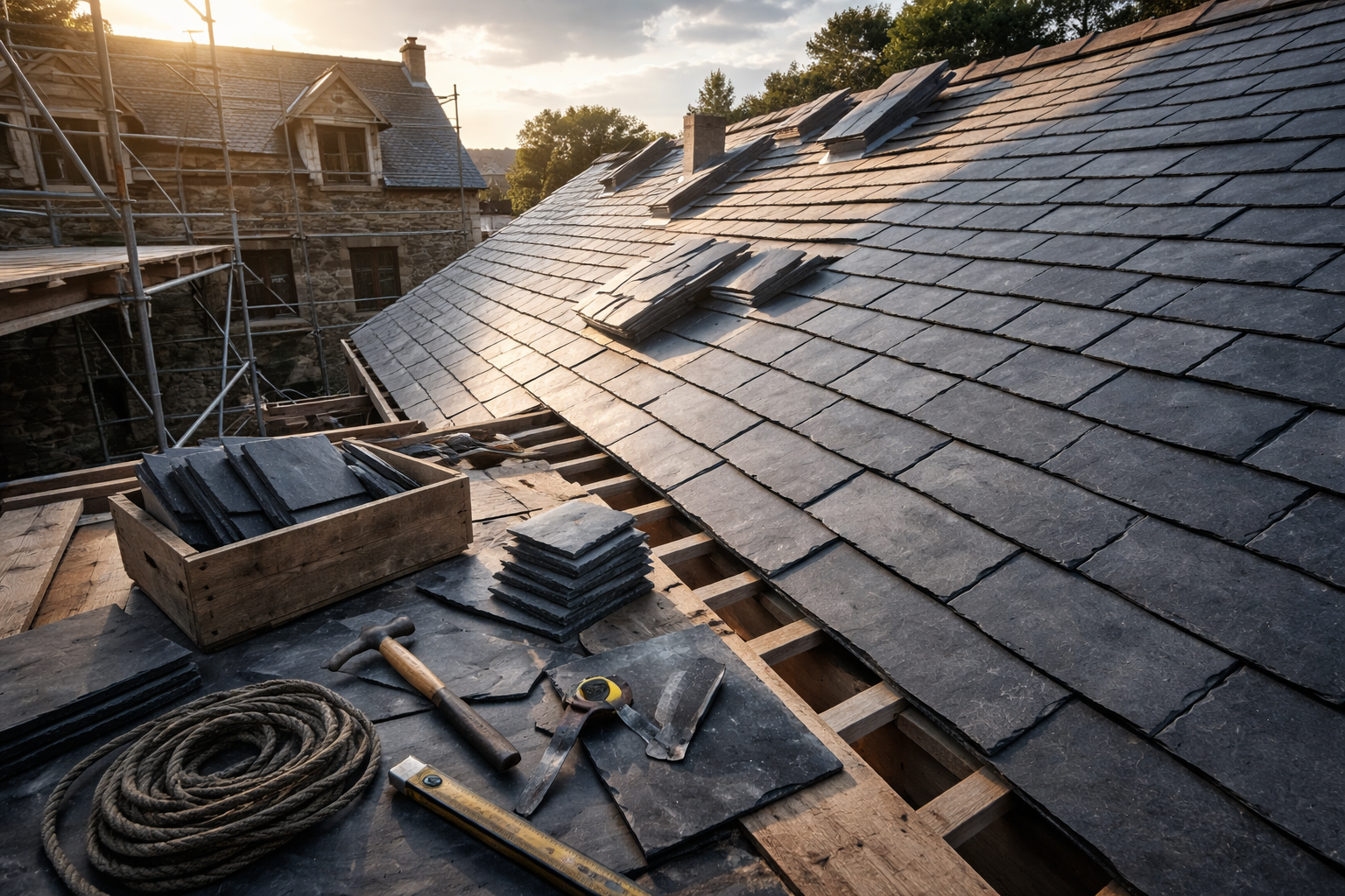 La toiture est en cours de construction avec des tuiles d'ardoise gris foncé ; on aperçoit les outils et les matériaux.