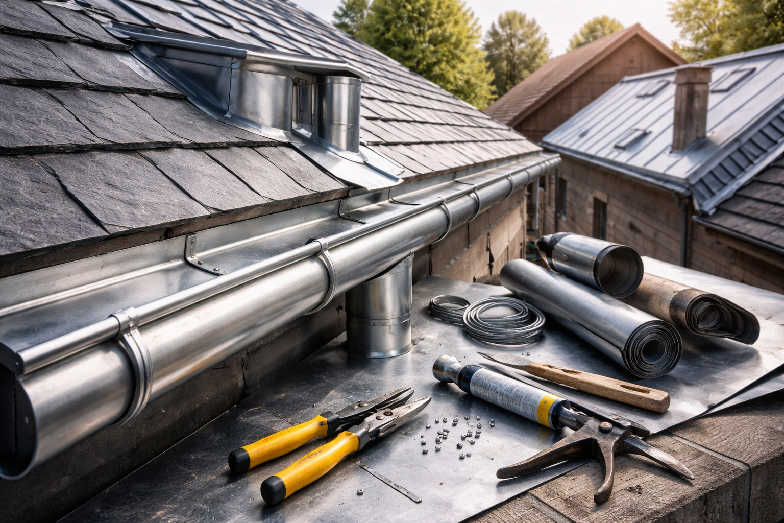 Gouttières métalliques et outils sur un toit ; matériaux de construction pour la réparation d'une maison.