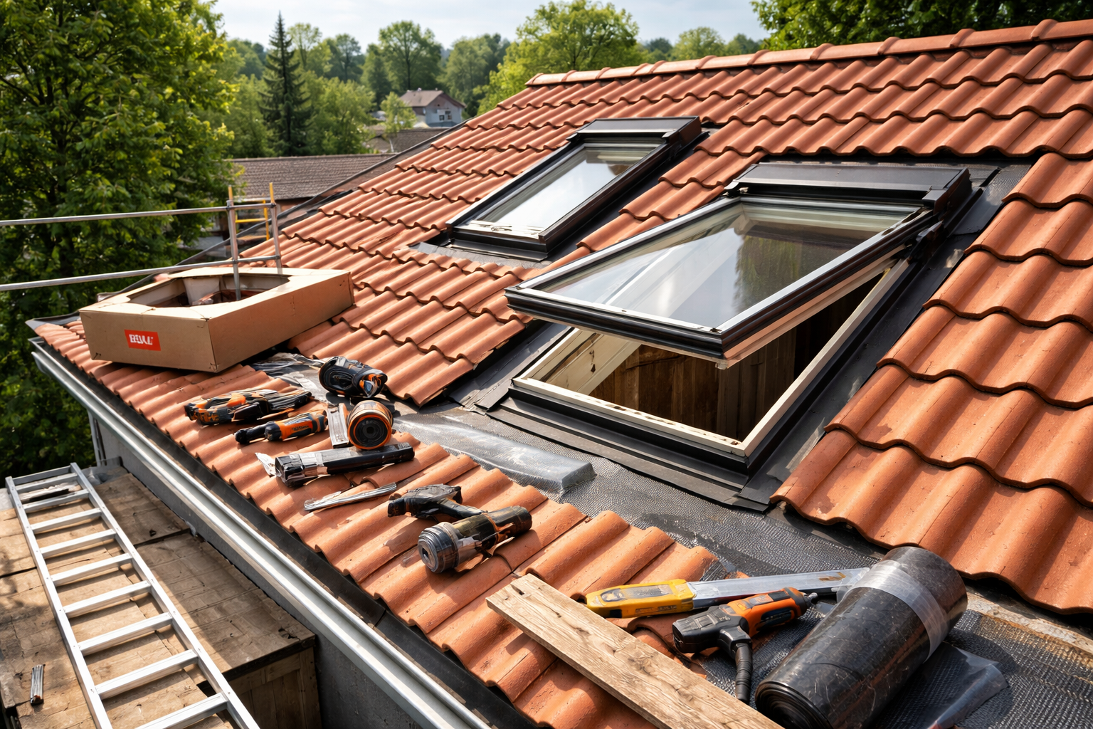 Toit avec puits de lumière ouverts, outils et matériaux ; journée ensoleillée, tuiles en terre cuite, construction en cours.